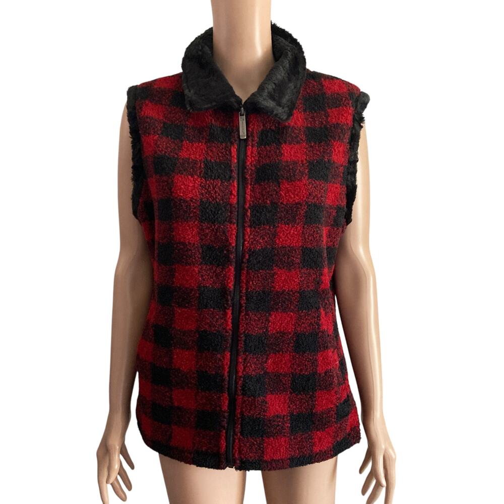 Woolrich Vest Womens Medium Tartan Black Red Plaid Faux Fur Collar - Picture 2 of 11